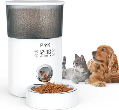 Produktbild von P&K 4L Automatischer Futterautomat Touch Futterspender für Katzen und Hunde, 1-5 Mahlzeiten pro Tag, Netzteil / Batterie, Weiß