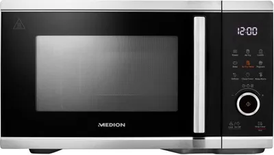 A front view of a black and silver MEDION microwave oven.