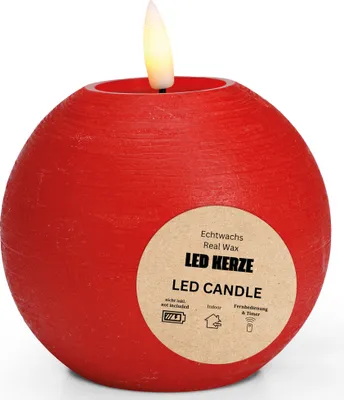 Image de Bougie LED Boule de cire, Flamme vacillante, Ø 7x18 cm, Rouge