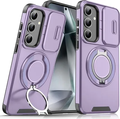 Immagine prodotto di Custodia a doppio strato per Samsung Galaxy S25 FE, con copertura scorrevole della fotocamera e supporto magnetico ad anello Viola