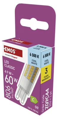 Immagine prodotto di Lampadina LED EMOS G9 CLASSIC da 4,9 W, sostituisce una lampadina alogena da 60 W, attacco G9 JC con luminosità di 806 lm, bianco freddo 6500 K, lunga durata, ZQ9C44