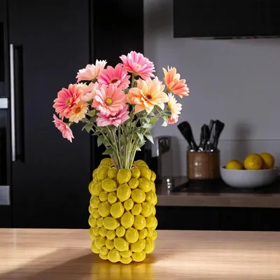 Produktbild von Handgefertigte stylische gelbe Vase 19 x 19 x 26 Steingut naturgetreuen ZITRONEN