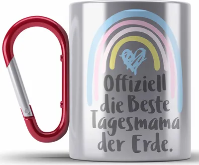 Produktbild von Trendation - Beste Tagesmama der Erde Geschenk Edelstahl Tasse Karabiner Tagesmutter Aufpasserin Erzieherin Geschenkidee mit Herz (Rot)