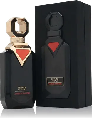 A black perfume bottle with gold and red accents, displayed next to its black packaging.