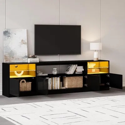 Produktbild von TV-Schrank mit LED-Beleuchtung offener Schrank 4 Flügeltüren,8 Stauräume schwarzer Hochglanz-Schrank TV-ständer für Fernseher bis zu 75 Zoll