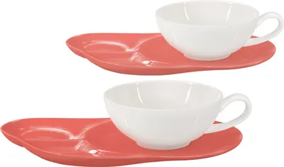 Produktbild von Buchensee Teetassen Porzellan / Teetassen Set Lena mit Ablageteller, 2 Tassen je 200ml, weiß/coralrot, Crystal Bone China