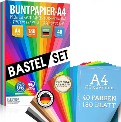 Imagen del producto de Papel para manualidades, formato A4, 180 hojas, 40 colores, 80 g/m², ideal para origami y proyectos creativos