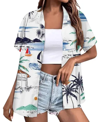 Image de Chemise hawaïenne à motifs floraux pour femmes - Manches courtes - Blanche
