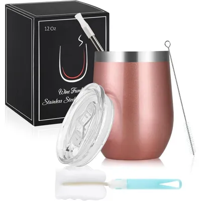 Productafbeelding van RVS-wijnglas met deksel, dubbelwandig, 12oz, roze goudkleur