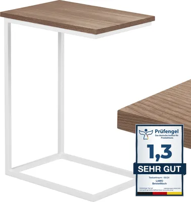 Produktbild von LAMO Manufaktur Beistelltisch | Laptoptisch | Sofatisch | mobiler Kaffeetisch | Nachttisch | 50x35x67 cm | Gestell Weiß | 100% Echtholz Massiv Platte farbe: Nussbaum