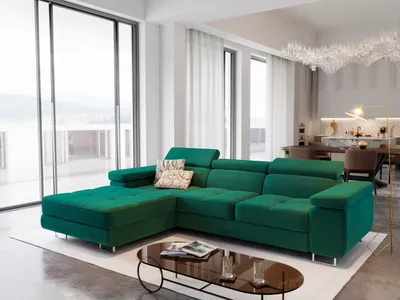 Zdjęcie produktu dla Masseno Narożnik ELMA L-S z funkcją spania i pojemnikiem na pościel Kształt L, Rozkładana sofa, Rogówka - Butelkowa zieleń, MONOLITH 37