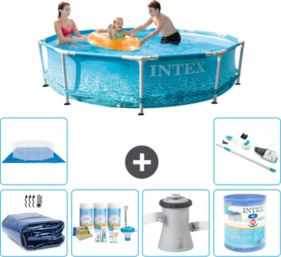 Produktbild von Intex-Schwimmbecken mit rundem Rahmen – 305 x 76 cm – Wasserdruck – im Lieferumfang enthalten Sonnensegel - Wartungspaket - Filterpumpe für Schwimmbad - Filter - Bodenplane - Staubsauger