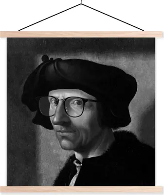 Produktbild von MuchoWow® Textilposter Jacob Cornelisz van Oostsanen - Brille - Schwarz und weiß 60x60 cm mit holzfarbenen Rahmen - Wanddekoration