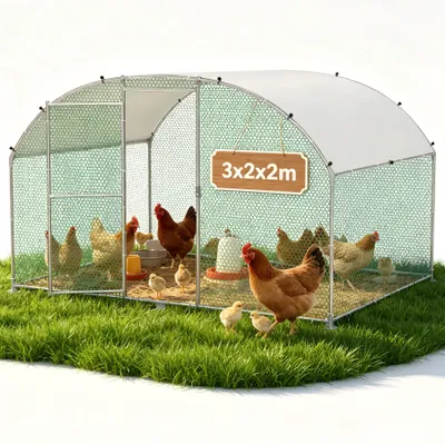 Zdjęcie produktu dla Klatka dla kur o kształcie łuku, wykonana ze stalowej blachy ocynkowanej, odporna na warunki atmosferyczne, z pokryciem PE, zamykana na klucz. Przeznaczona dla kur, kaczek i królików. Wymiary: 3 x 2 metry