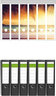 Produktbild von Wallario 6 Stück breite Ordner inkl. Klebeetiketten mit Motive Sonnenuntergang am Strand in der Karibik -  Set mit Rückenschildern / Ordnerrücken Stickern