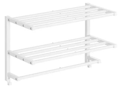 Immagine prodotto di Portasciugamani da parete, 3 ripiani con ganci, scaffale in metallo, colore bianco, dimensioni 60,5 x 21,5 x 38,5 cm