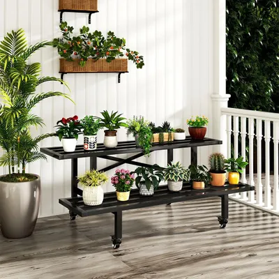Productafbeelding van Plantenrek met wielen - 2 niveaus - zwart metaal - geschikt voor binnen en buiten - plantenrek voor tuin, balkon