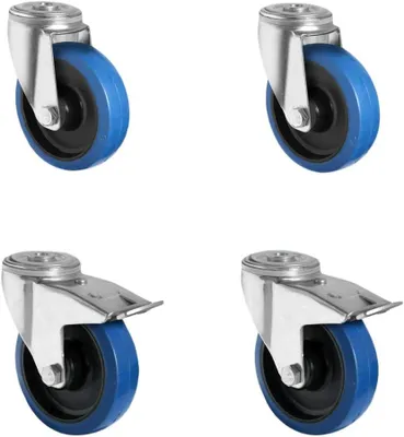 Produktbild von Rollen mit 2 Rückenlochlenkrollen und 2 Feststellern, Polyamid, Elastik blau, Gummi, Durchmesser 80 mm, Transportrollen, Tragfähigkeit 390 kg (4er Set)