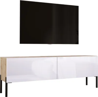 Produktbild von TV-SCHRANK in Wotan-Eiche / Weiß Hochglanz mit Beinen in Schwarz, 140 x 52 x 32 cm