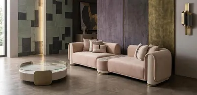 Zdjęcie produktu dla Beżowy zestaw do salonu – miękka trzyosobowa sofa – okrągły stolik kawowy – meble designerskie