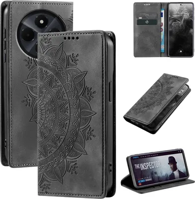 A collage of images showing a grey mandala-patterned phone case for a Xiaomi Redmi 14C, with some images showing the case open with cards and a phone inside, and another showing the case used as a stand for a phone.