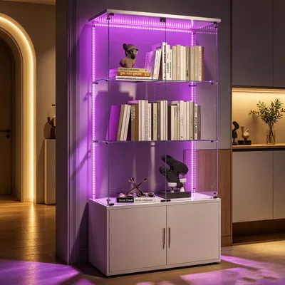 Zdjęcie produktu dla Witryna szklana, stojąca, do eksponowania kolekcji, z listwą LED, szafka witrinowa z 4 drzwiami i 3 półkami, biała, wymiary: 164 x 78,5 x 35 cm