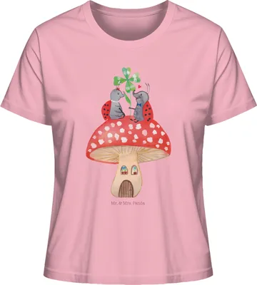 Produktbild von Mr. & Mrs. Panda Kurzarmshirt Damen Marienkäfer Fliegenpilz Größe L - Baumwolle Pink - Geschenk, Wohnung, Haus, Zuhause, T-Shirt, Oberteil, Basic Shirt, Fleigenpilzhaus