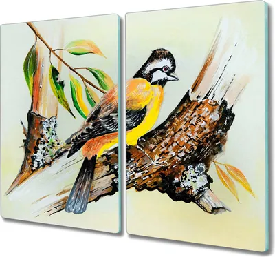 Produktbild von Coloray Herdabdeckplatte 2x30x52 cm Schneidebrett Kochplattenabdeckung Küchenbrett Hackbrett - Zweig Blätter Tier Vogel