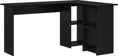 A black corner desk with shelves against a white background.
