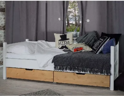 Produktbild von Bett MARTIN, mit 2 Schubladen, für Matratze 90x200 cm, massiv Buche, Weiß und Eiche Farbe