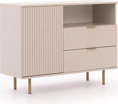 Zdjęcie produktu dla BETTSO komoda 107cm BIANCO kaszmir na złotych nogach z ryflowanymi frontami