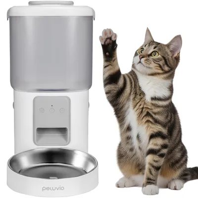Immagine prodotto di Distributore automatico di cibo per gatti Crispy Wi-Fi 4,5 l – Controllo tramite app, 10 pasti, timer, ciotola in acciaio inossidabile, funzionamento a batteria - Bianco