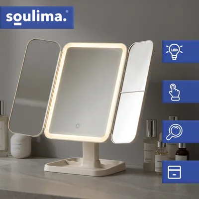 Immagine prodotto di Specchio cosmetico Soulima LED con illuminazione – specchio da trucco pieghevole con ingrandimento 2x/3x, comando touch, ruotabile di 270°, batteria USB-C