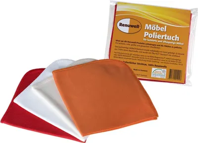 A product shot of Renuwell furniture polishing cloths, with a package in the background and three cloths fanned out in the foreground.