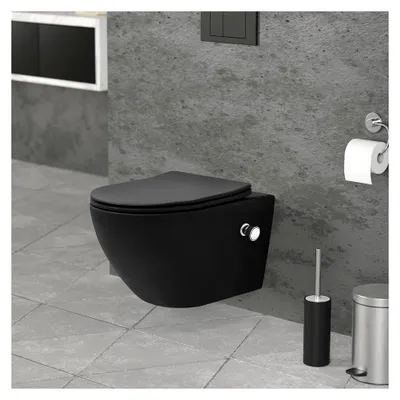 Produktbild von Wand WC Spülrandlos mit Bidet-Funktion, Schwarz matt, Tiefspüler Keramik Hänge WC, lang 54cm, Dusch WC Softclose-Klodeckel Tornadospülung, Kloschüssel Hängend mit WC-Sitz Absenkautomatik