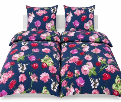 Produktbild von 4-tlg. Biber Winter Bettwäsche 2x(135x200 +80x80cm), blau Blüten, 100% Baumwolle