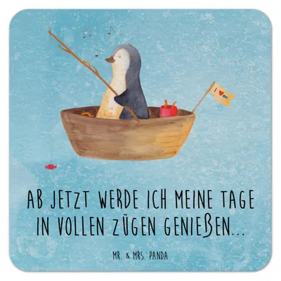 Produktbild von Mr. & Mrs. Panda Tischuntersetzer Pinguin Angelboot 100er Set - Eisblau - Geschenk, gläseruntersetzer, Angeln, Bierdeckel, Getränkeuntersetzer, Bierfilzl, Boot, Leben
