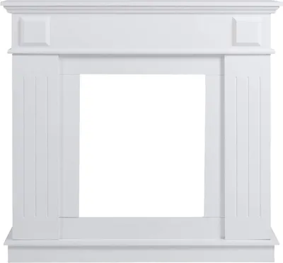 A white fireplace surround is shown against a white background.