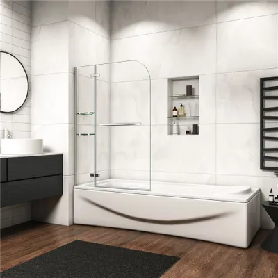 Produktbild von 120x140cm Badewannenaufsatz 2 tlg.Duschwand für Badewanne 5mm ESG duschabtrennung mit Handtuchhalter Eckeregalen