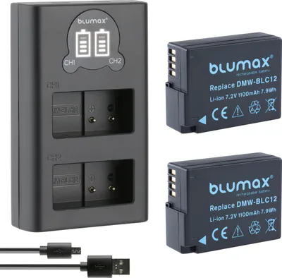 Produktbild von 2x Akku + LCD Lader für Panasonic DMW-BLC12 DMC-FZ1000 FZ2000 GH2 G5 1100 mAh