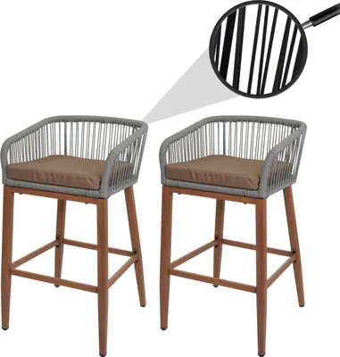 Produktbild von 2er-Set Rope-Barhocker HWC-O22, Outdoor Sitzpolster Seilgeflecht Metall Holz-Optik  hellgrau, Kissen taupe