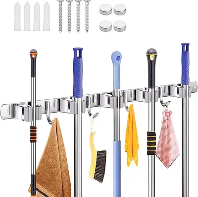 Produktbild von Besenhalterung Wand Besen Mop Halter Edelstahl Besenhalter 5 Schlitze Und 4 Haken Gerätehalter für Badezimmer Küche Garage