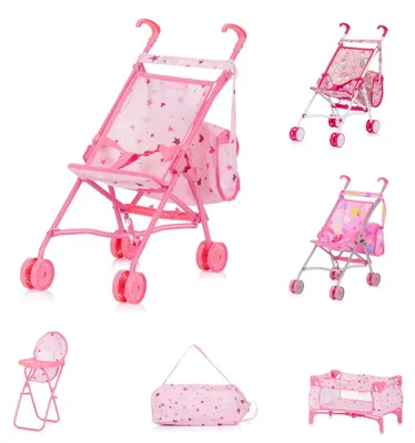 Produktbild von Chipolino Puppen-Zubehör-Set 3in1 Trixy Buggy Hochstuhl Tasche Laufstall faltbar rosa Sterne