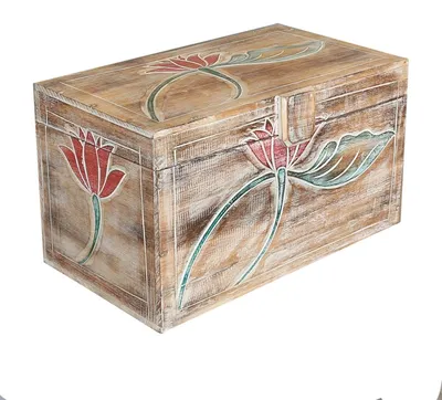 Produktbild von Truhe Holzkiste Holztruhe Schatztruhe Kiste Box Palmenholz Holzbox Blumen Schnitzereien Shabby Used Look Modell Baris Mittel 50 cm