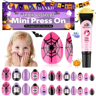 Obrázek produktu pro Halloweenové umělé nehty, 24 kusů s lepidlem, design s duchy a pavučinami, růžové, lesklé, vhodné pro dívky a děti