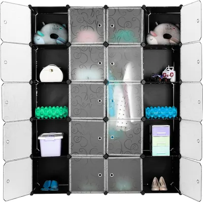 A modular cube storage unit filled with various items.