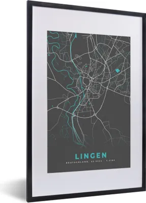 Produktbild von MuchoWow® Gerahmtes Poster Stadtplan - Karte - Lingen - Blau - Deutschland - Karte 40x60 cm - Poster mit Schwarzem Bilderrahmen Wandposter Rahmen Foto Bilder - Poster in Rahmen