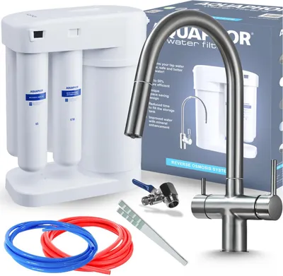 Productafbeelding van Aquaphor Morion waterfilter, omgekeerde osmose systeem voor onder de gootsteen, met een reservoir van 5 liter, een capaciteit van 190 liter per dag, en een driewegs keukenkraan in grafietkleur