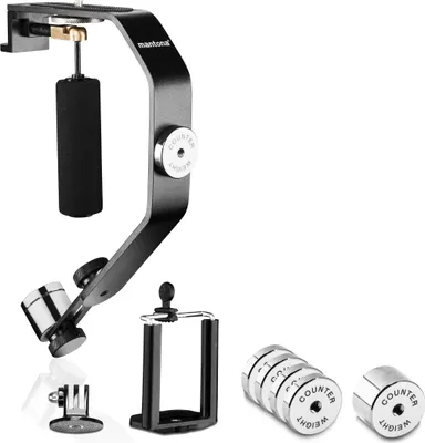 Produktbild von Mantona Schwebestativ - 240 x 160 x 30 mm - kompatibel mit vielen Marken/Modellen - 1/4" Gewinde - für Smartphone, Camcorder, Actioncam, Kamera - mit 5 Gegengewichten Schaumstoffgriff, Dosenlibelle