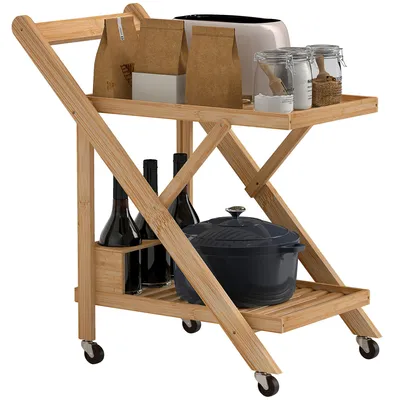 Immagine prodotto di Carrello da Cucina Portavivande Pieghevole 66x40x70 cm a 2 Livelli con Portabottiglie in Legno di Bambù